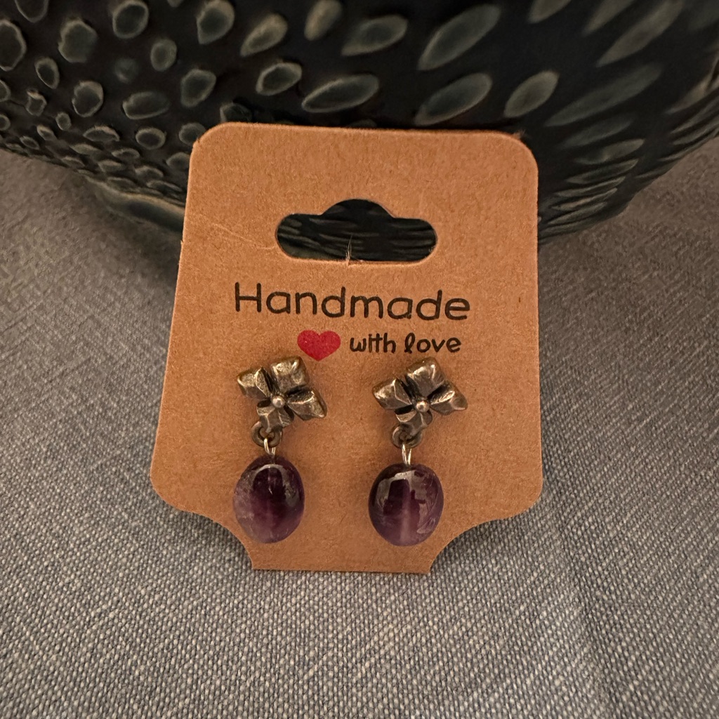 Vintage Amethyst Stone Bronze Earrings Euc